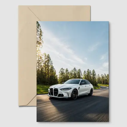 BMW M3 White Sedan on Forest Road