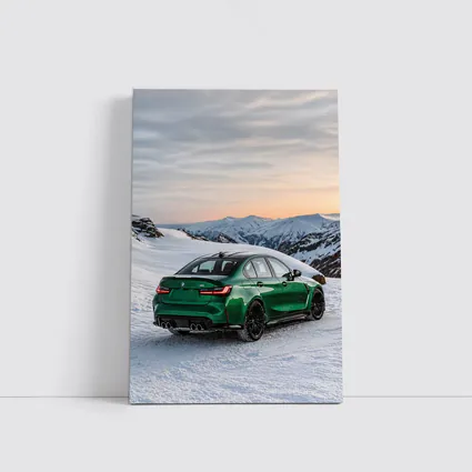 BMW M3 Green Sedan Snowy Mountain Sunset