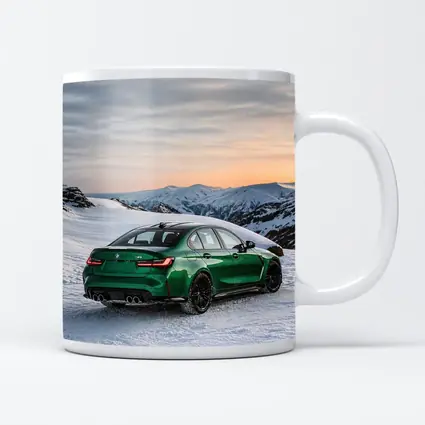BMW M3 Green Sedan Snowy Mountain Sunset