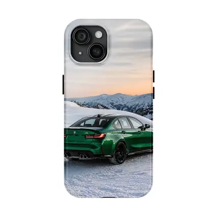 BMW M3 Green Sedan Snowy Mountain Sunset
