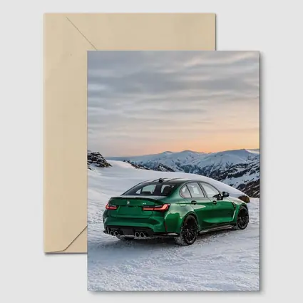 BMW M3 Green Sedan Snowy Mountain Sunset