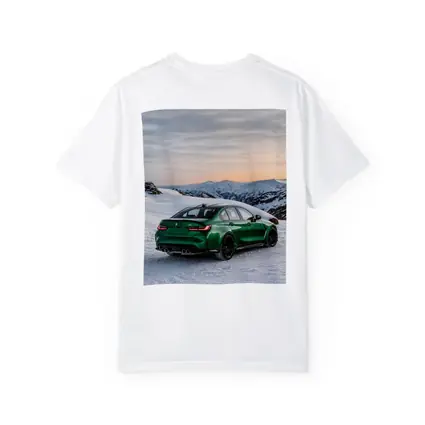 BMW M3 Green Sedan Snowy Mountain Sunset