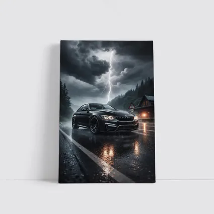 BMW M4 Black Rainy Storm Road