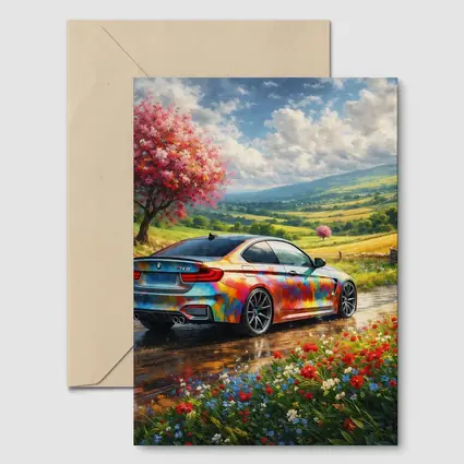 BMW M4 Colorful Art Countryside Floral Scene