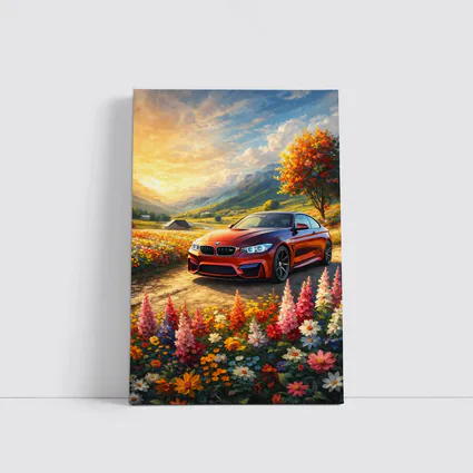 BMW M4 Red Sports Car Floral Landscape