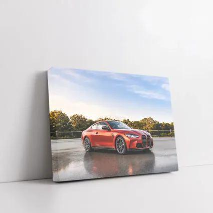 BMW M4 Orange Coupe Wet Parking Lot