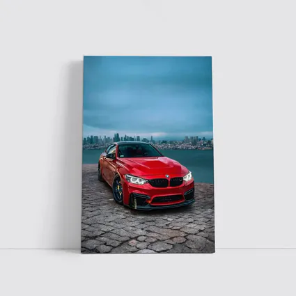 Red BMW M4 City Skyline Background