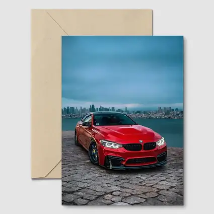 Red BMW M4 City Skyline Background