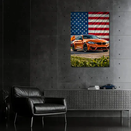 BMW M4 Orange American Flag Background