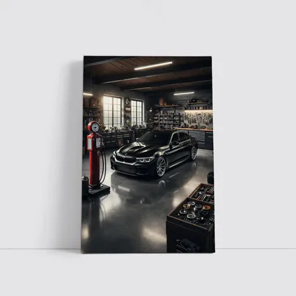 BMW M5 Black Sedan in Vintage Garage