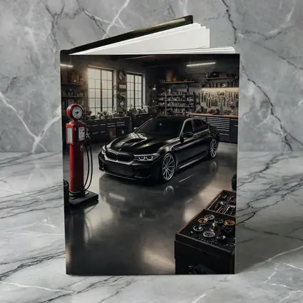 BMW M5 Black Sedan in Vintage Garage