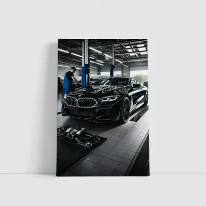 BMW M8 Black Coupe In Service Garage