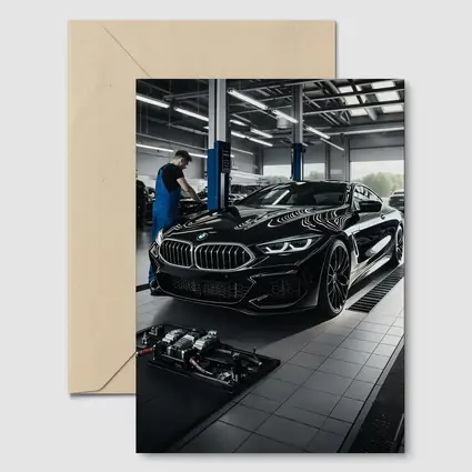 BMW M8 Black Coupe In Service Garage