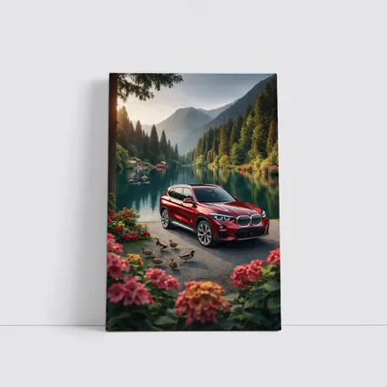 Red BMW X5 Parked By Mountain Lake
