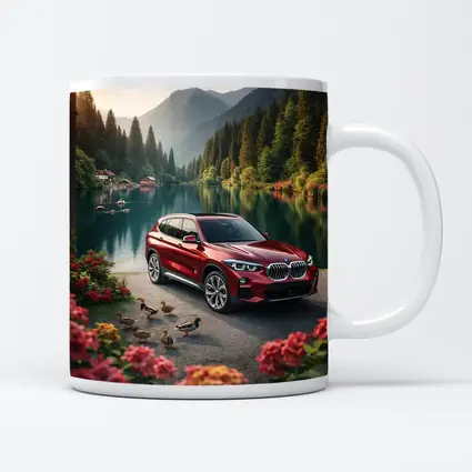Red BMW X5 Parked By Mountain Lake