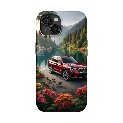 Red BMW X5 Parked By Mountain Lake