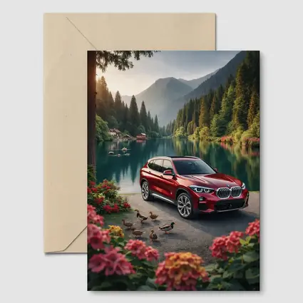 Red BMW X5 Parked By Mountain Lake