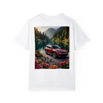 Red BMW X5 Parked By Mountain Lake