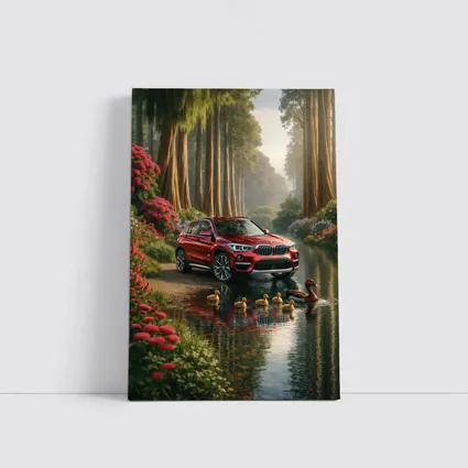 Red BMW X1 SUV Forest River Scene