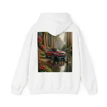 Red BMW X1 SUV Forest River Scene