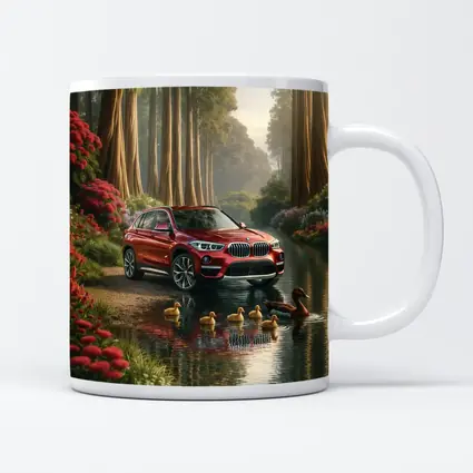 Red BMW X1 SUV Forest River Scene