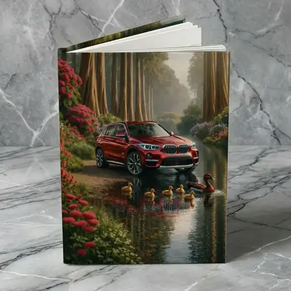 Red BMW X1 SUV Forest River Scene