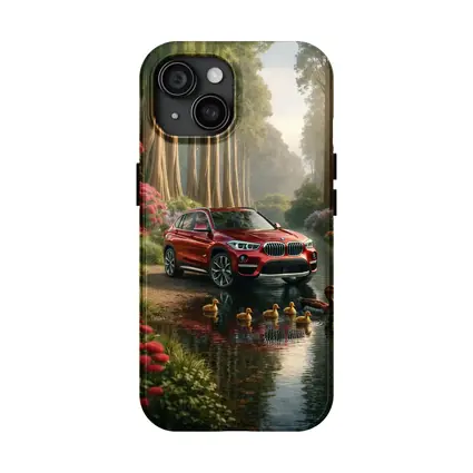Red BMW X1 SUV Forest River Scene