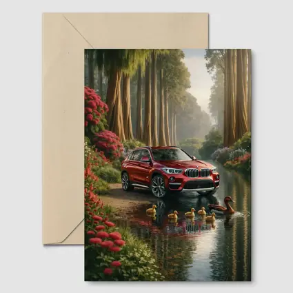 Red BMW X1 SUV Forest River Scene