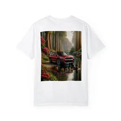 Red BMW X1 SUV Forest River Scene