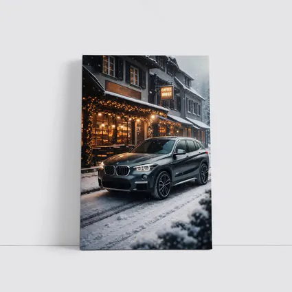 BMW X1 Parked Outside Snowy Coffee House