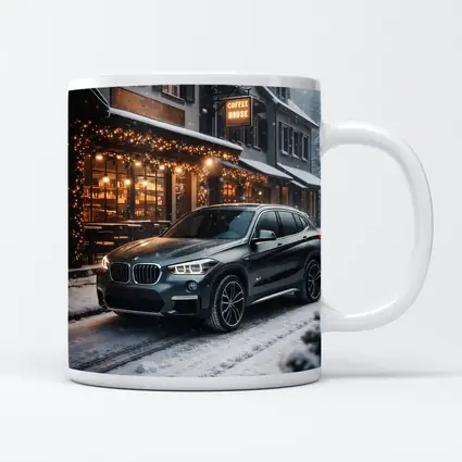 BMW X1 Parked Outside Snowy Coffee House