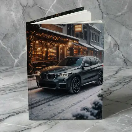 BMW X1 Parked Outside Snowy Coffee House