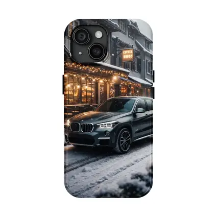 BMW X1 Parked Outside Snowy Coffee House