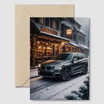 BMW X1 Parked Outside Snowy Coffee House