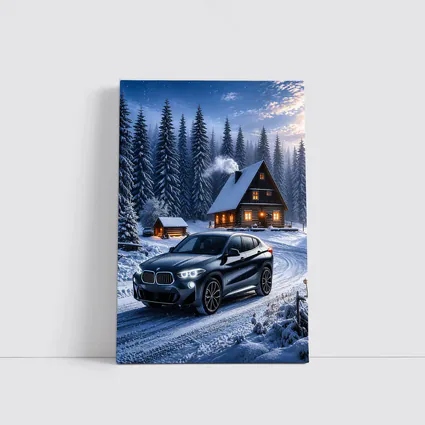 BMW X2 Dark Snowy Forest Cabin Night