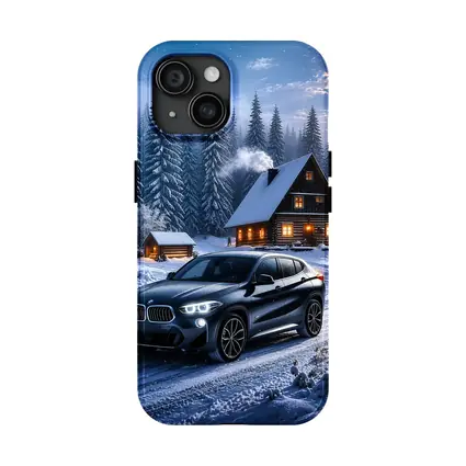 BMW X2 Dark Snowy Forest Cabin Night