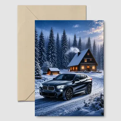 BMW X2 Dark Snowy Forest Cabin Night