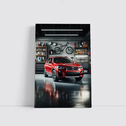 Red BMW X3 SUV Parked In Garage