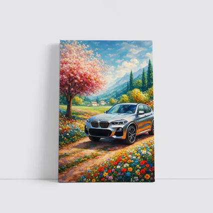 BMW X4 Silver SUV Spring Floral Landscape