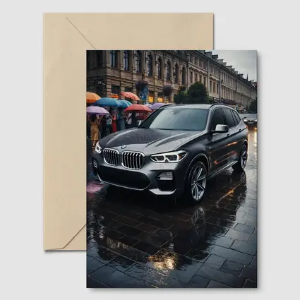 BMW X3 Parked on Rainy City Street
