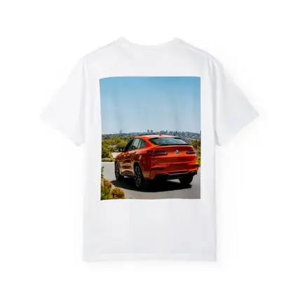 BMW X4 M Orange Rear City Skyline