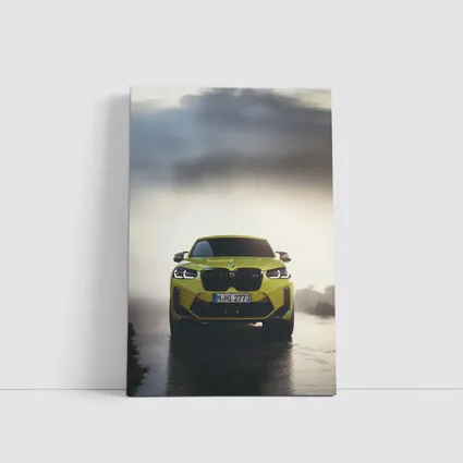 BMW X4 M Yellow Front View Foggy Road