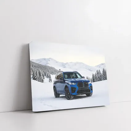BMW X5M Blue SUV Snowy Mountain Setting