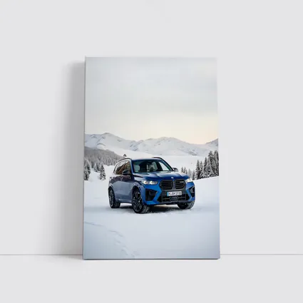BMW X5M Blue SUV Snow Mountain Scene
