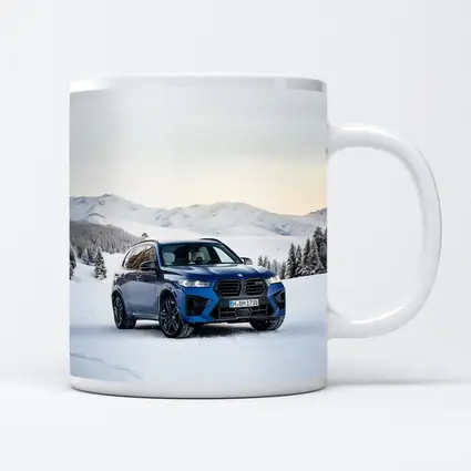 BMW X5M Blue SUV Snow Mountain Scene