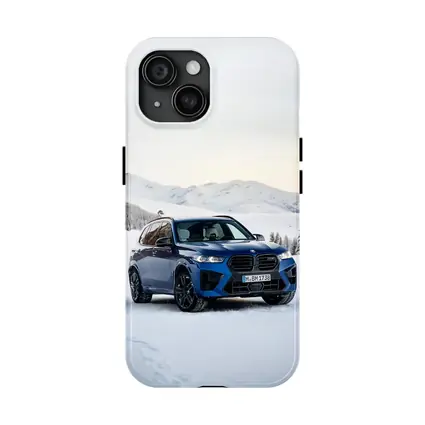 BMW X5M Blue SUV Snow Mountain Scene