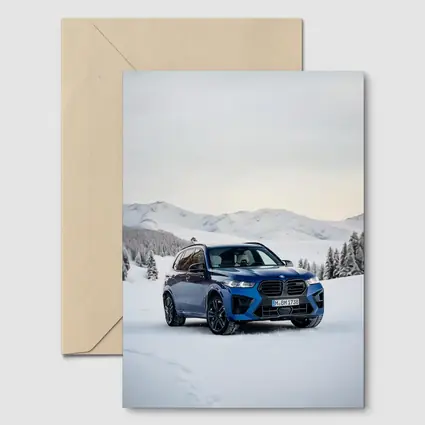 BMW X5M Blue SUV Snow Mountain Scene