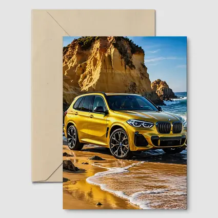 BMW X5 Yellow Coastal Cliffs Beach Scene