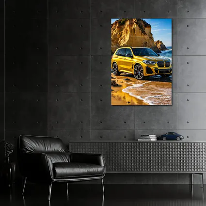BMW X5 Yellow Coastal Cliffs Beach Scene