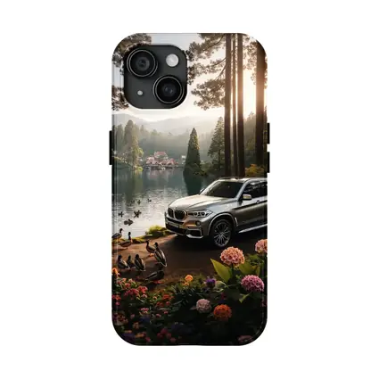 BMW X5 Parked By Serene Forest Lake